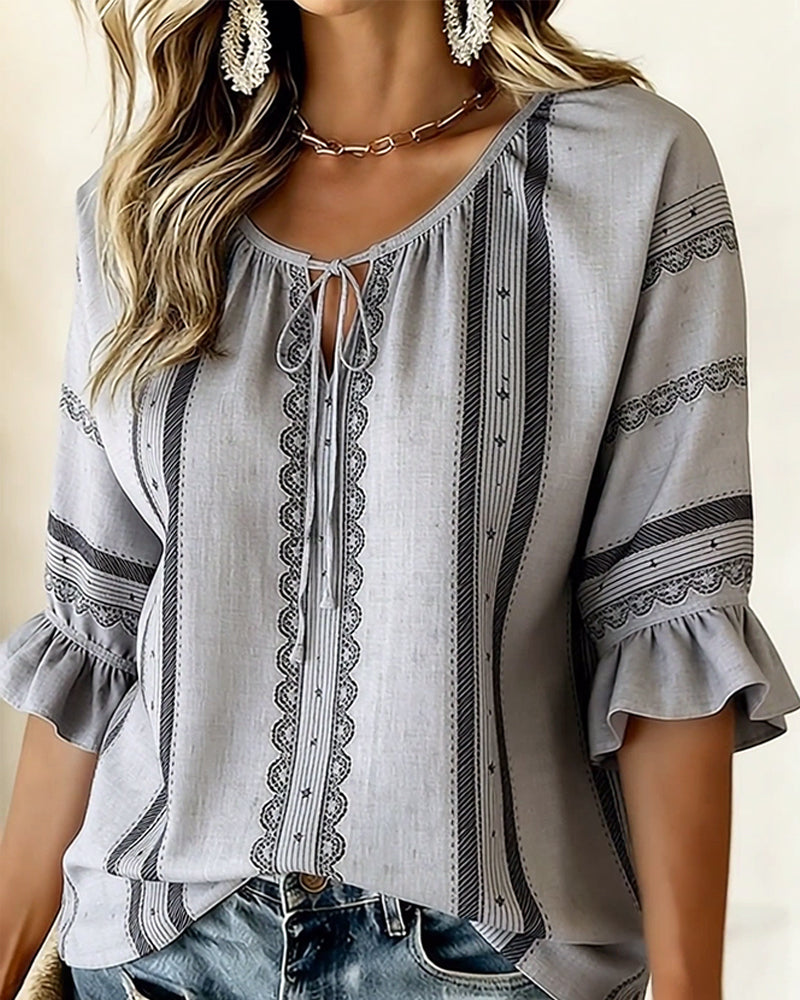 Round Neck Tie Ruffle Blouse