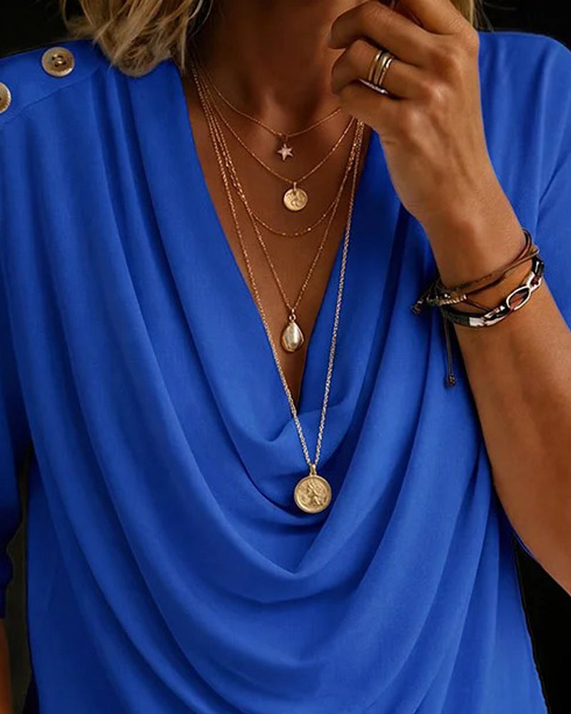 Draped Neck Half Sleeve Solid Casual T-Shirt