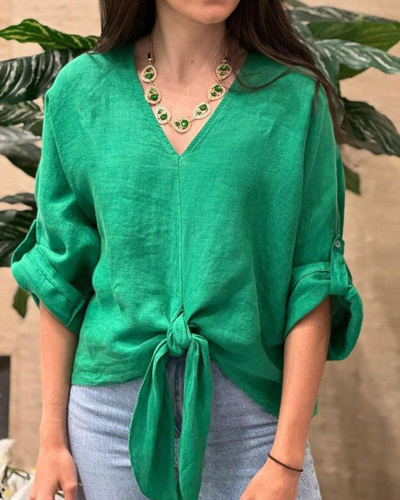Loose-Fit V-Neck Tie-Front Blouse