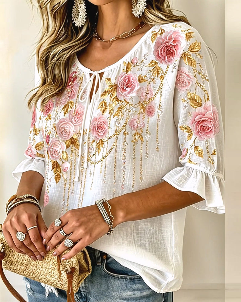 Rose Print Casual Tie-Up Blouse