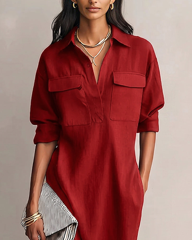 Solid Color Lapel Collar Casual Dress