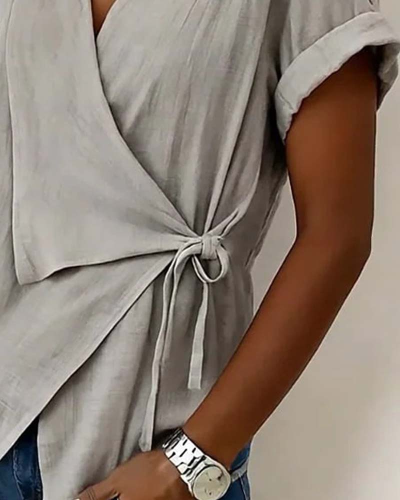 Casual Lace-Up Wrap V-Neck Blouse