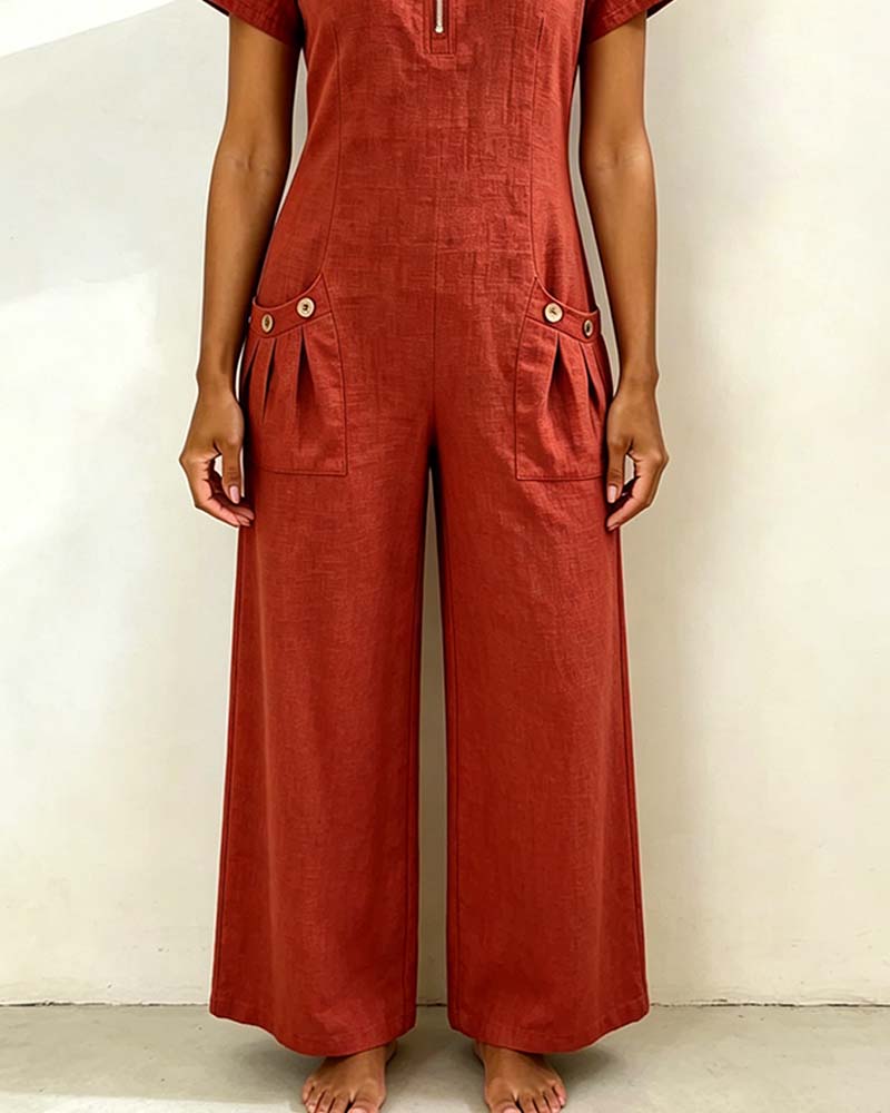 Half-Zip Short Sleeve Jumpsuit