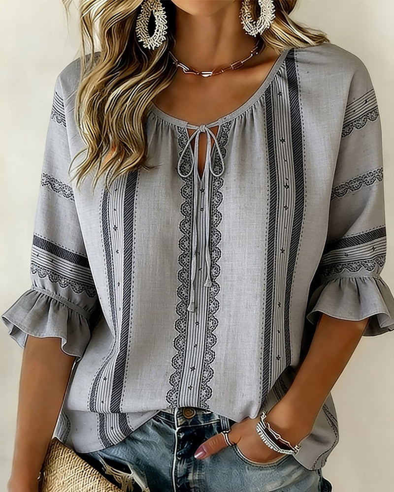 Round Neck Tie Ruffle Blouse