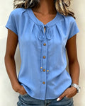 Round Neck Tie-Front Solid Color Blouse