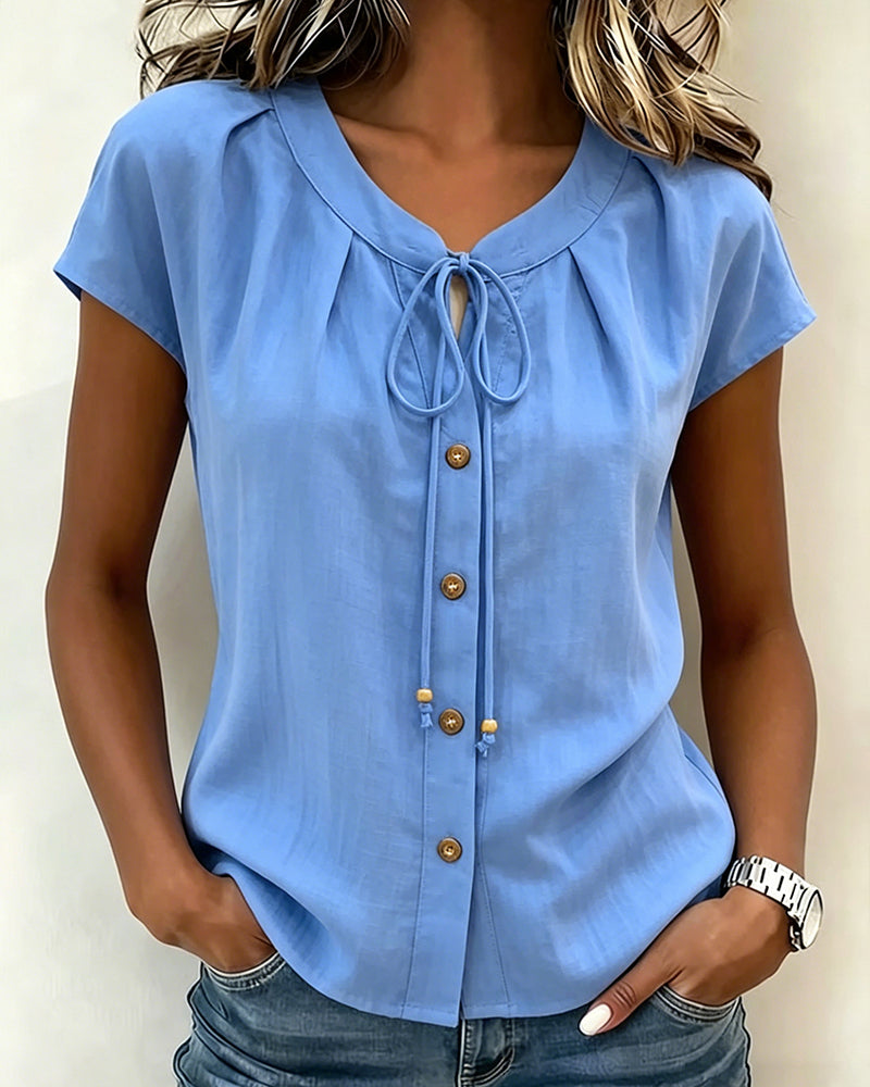 Round Neck Tie-Front Solid Color Blouse