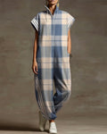 Plaid Stand Collar Zipper Loose Jumpsuit