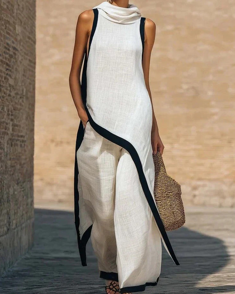 Sleeveless Slant Hem  Wide Leg Trousers Two-Piece Set
