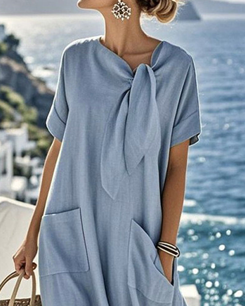 Solid Color Bow Collar Short-Sleeve Dress