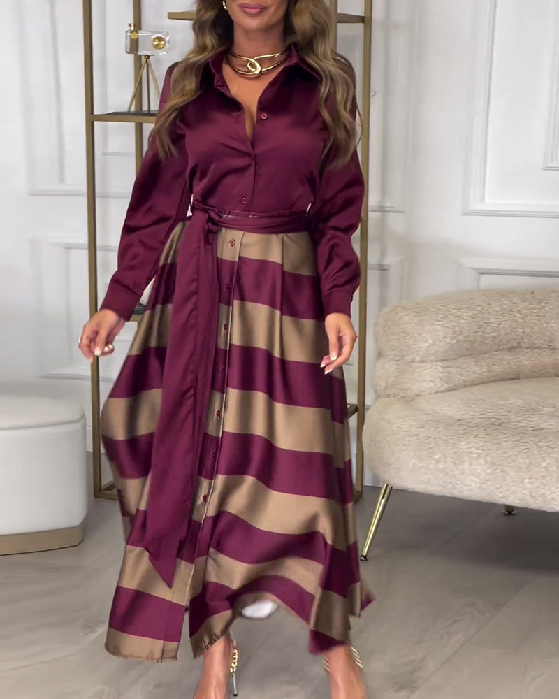 Elegant striped printed lapel strap dress