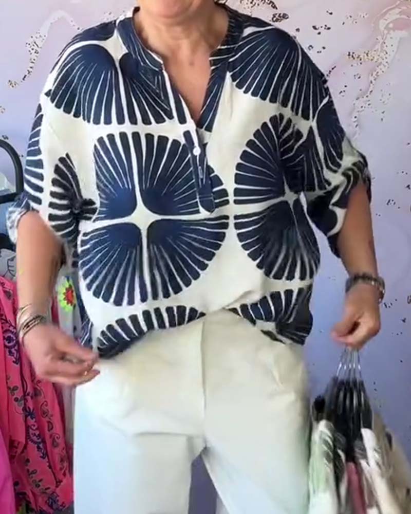 Fan-Print V-Neck Blouse