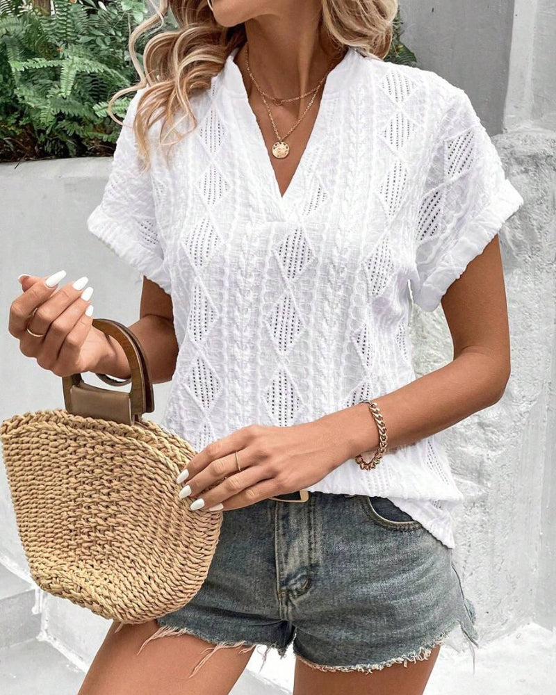 V-Neck Solid Color Hollow Breathable Blouse