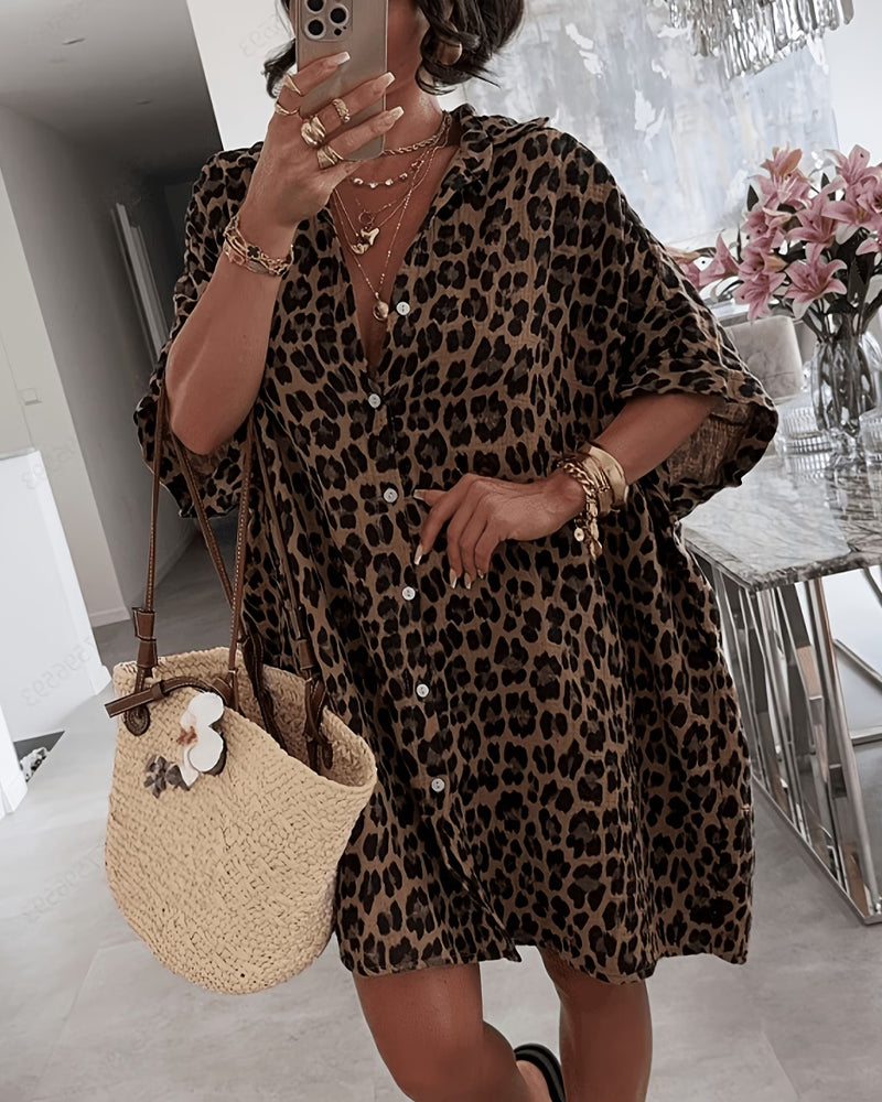 Lapel Leopard Print Loose Shirt Dress