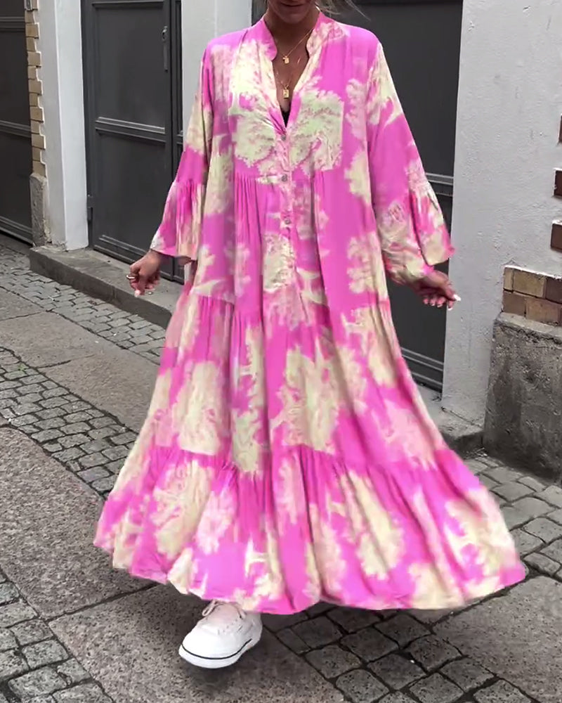 Loose printed V-neck bell sleeve patchwork dress