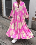 Loose printed V-neck bell sleeve patchwork dress