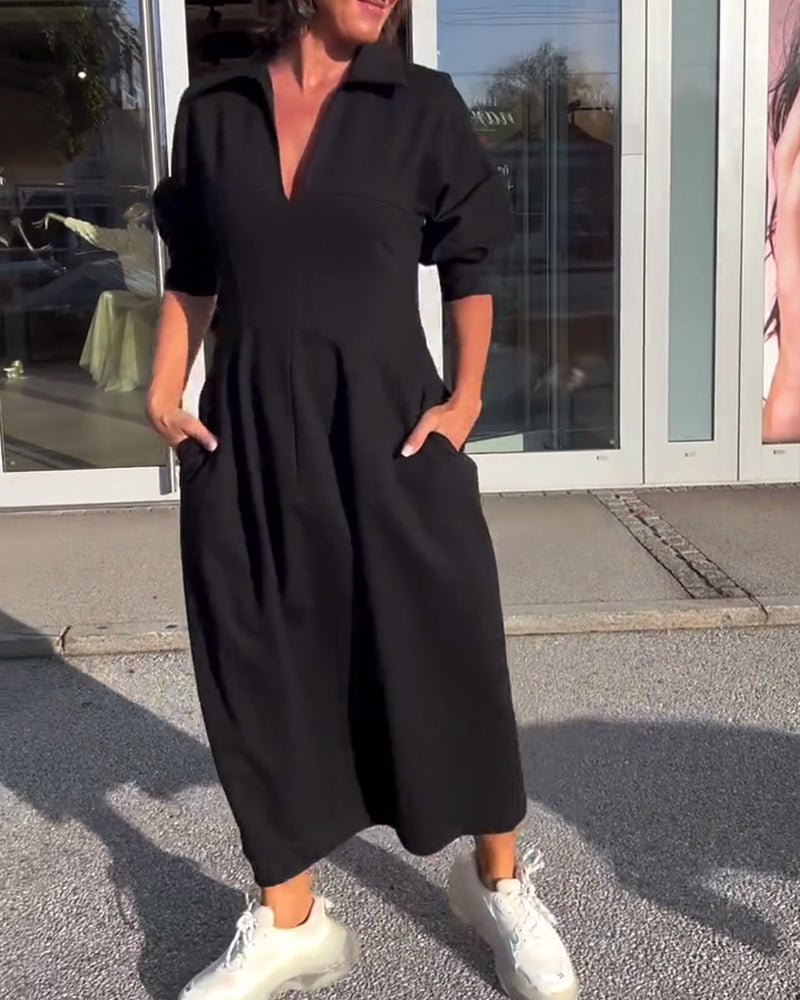 Lapel solid color casual dress