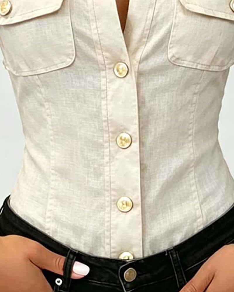 Sleeveless Lapel Button-Front Blouse