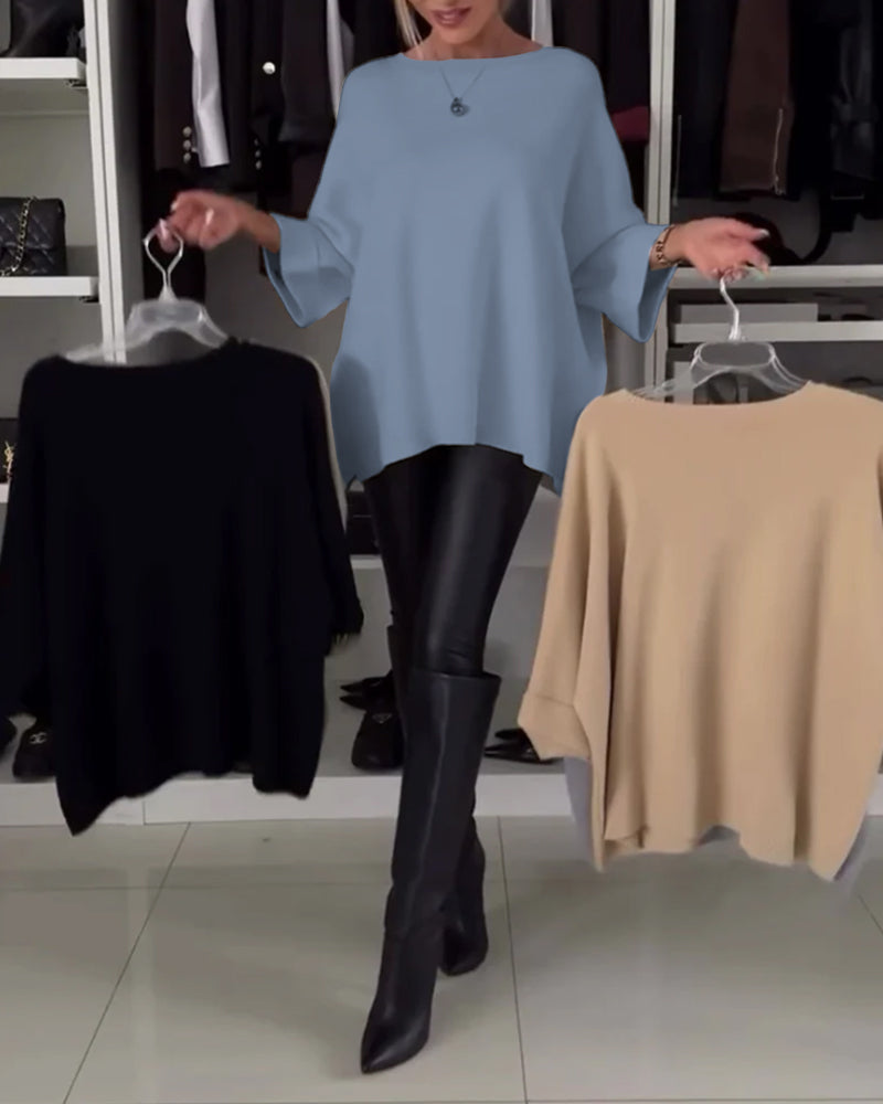 Fashion solid color round neck button pullover