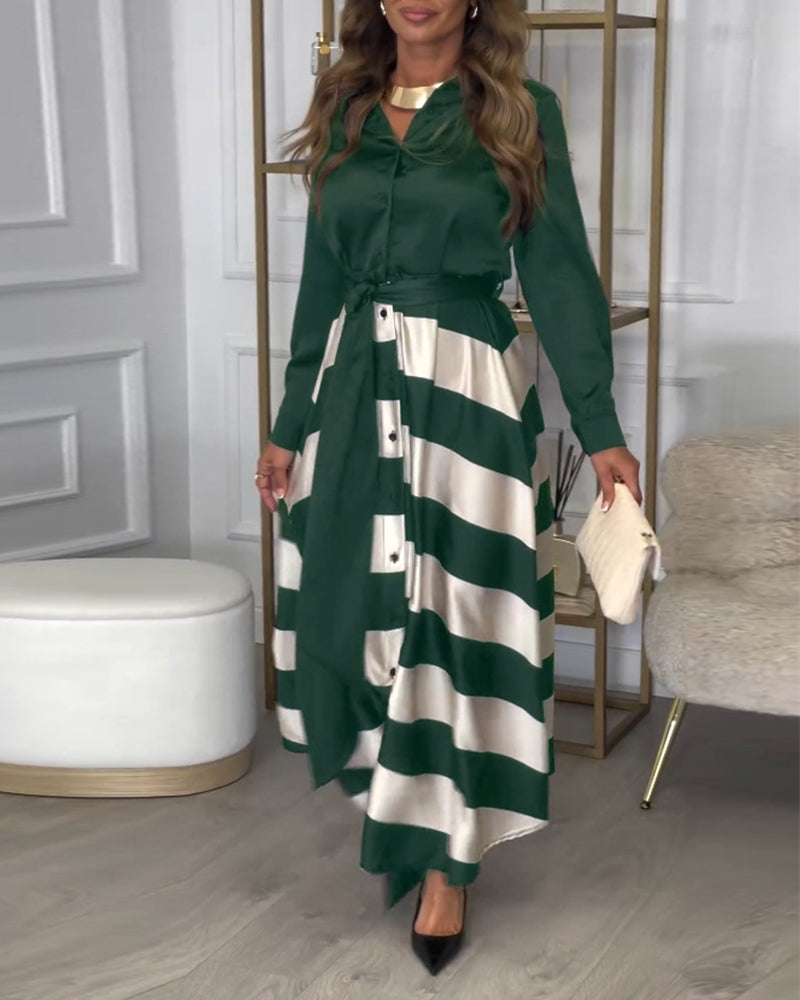 Elegant striped printed lapel strap dress