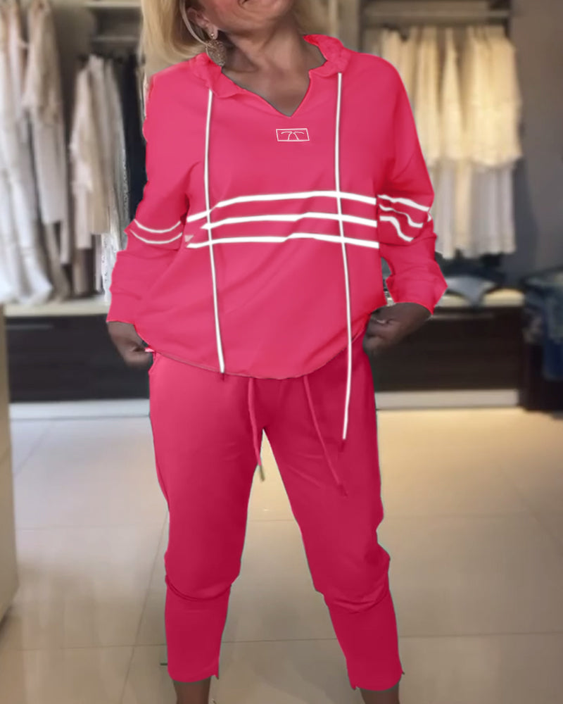 Casual striped print hooded sweatshirt set
