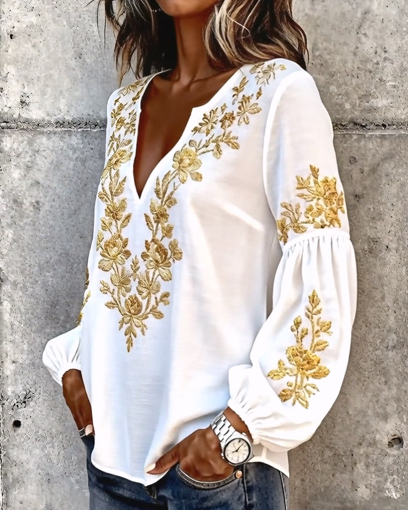 V-Neck Lantern Sleeve Loose Blouse