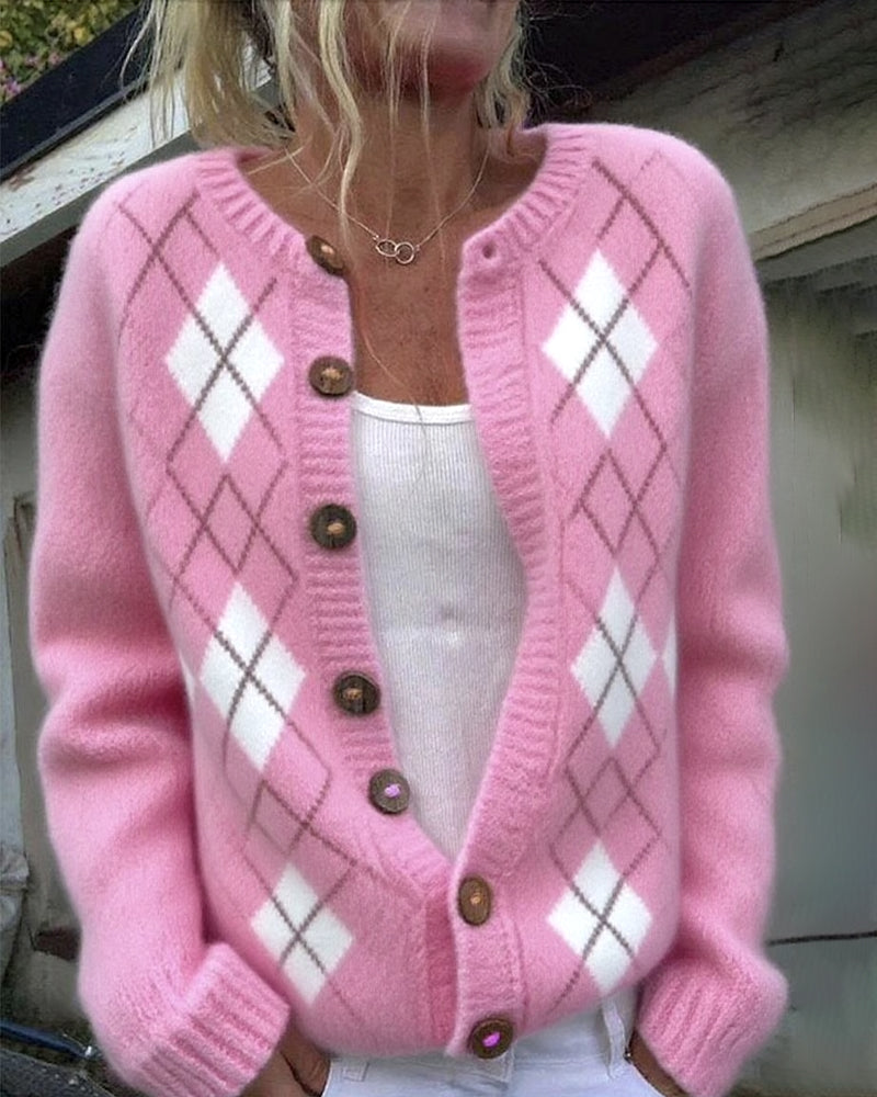 Button - up Diamond Plaid Cardigan