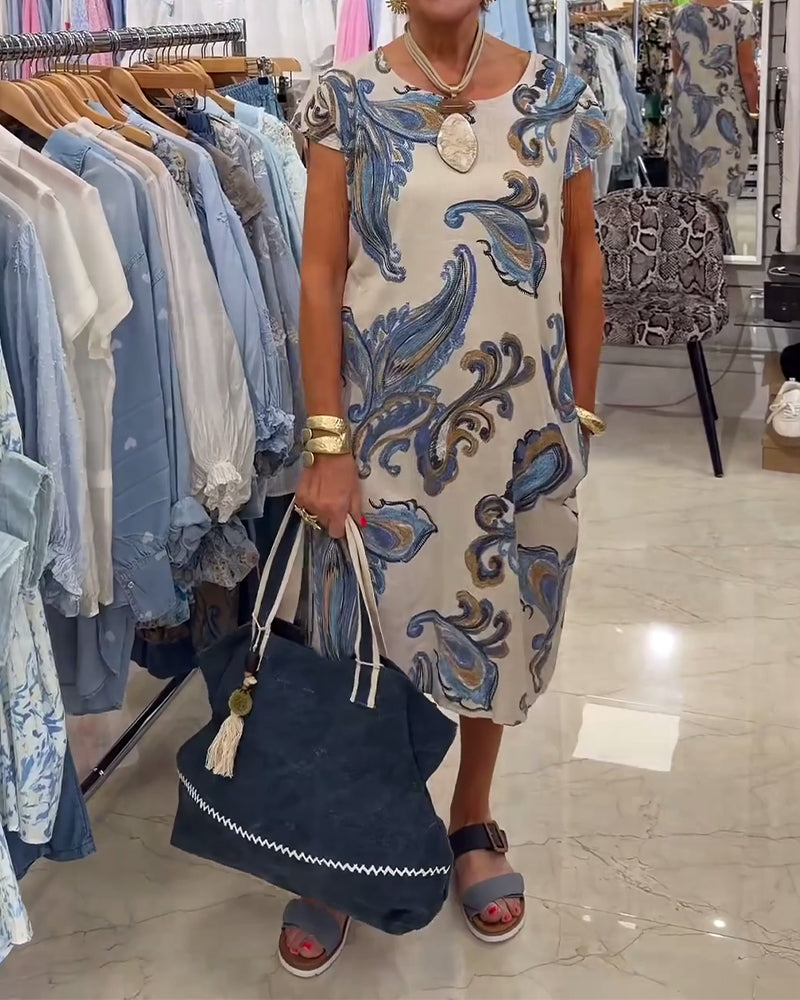 Short-Sleeved Printed Straight Dress