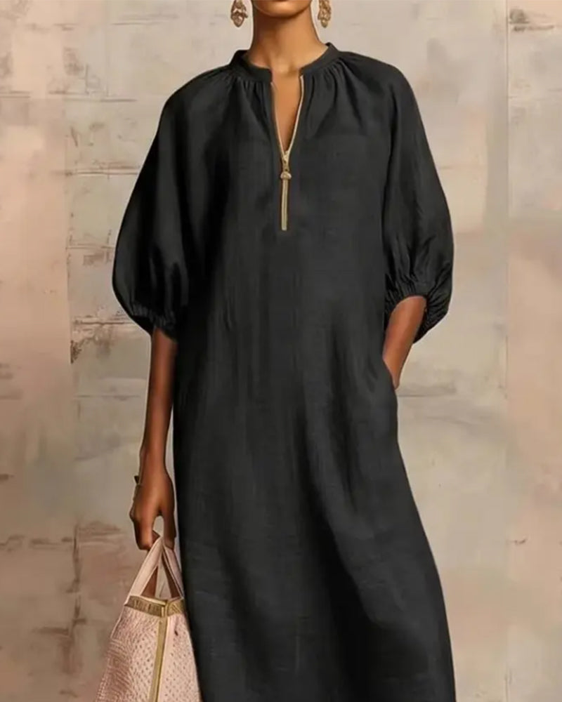 Lantern Sleeve Half-Zip Long Dress