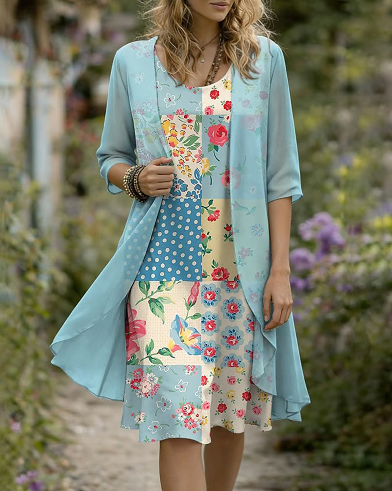 Floral Patchwork Dress And Cardigan Set