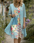 Floral Patchwork Dress And Cardigan Set