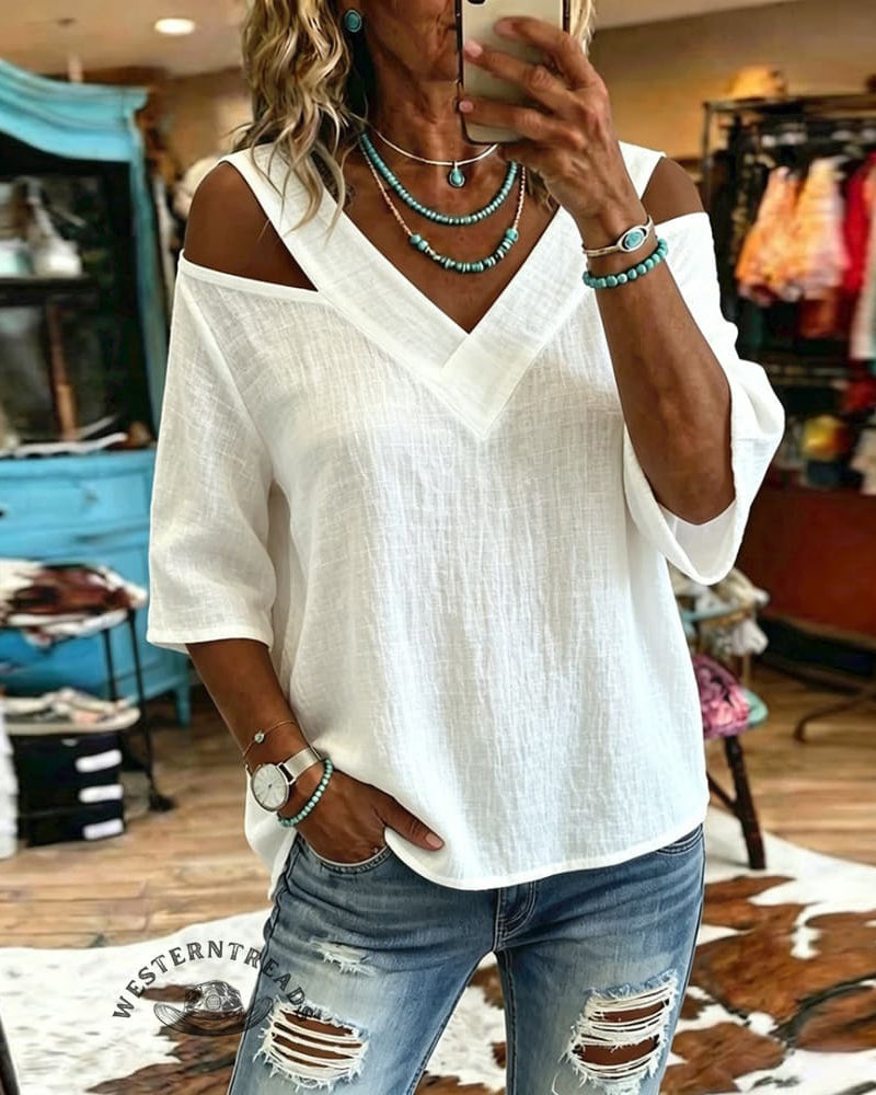 Off-Shoulder V-Neck Solid Loose Fit Blouse