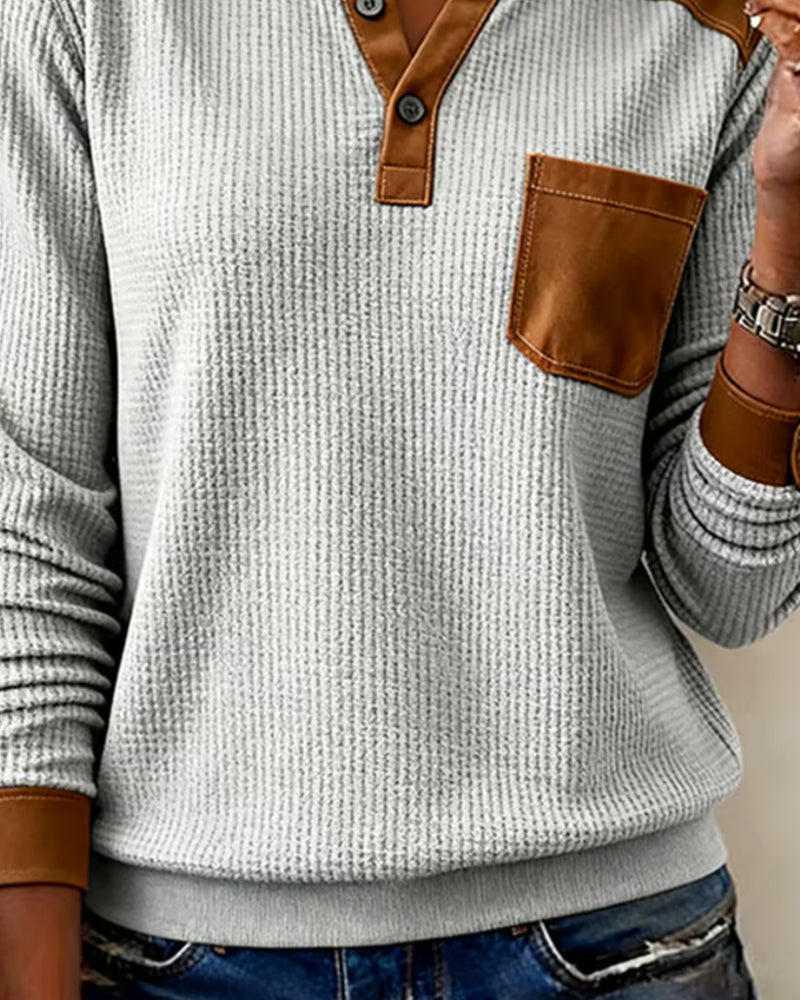 Waffle Casual Color Block Sweatshirt