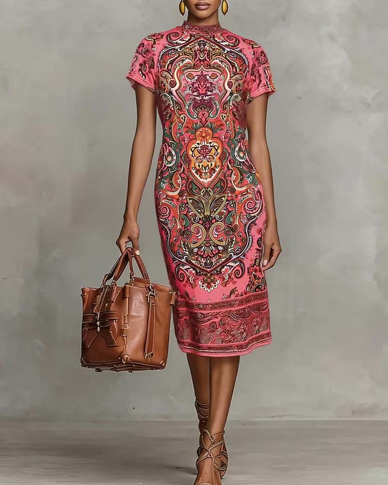 Vintage Print Turtleneck Dress