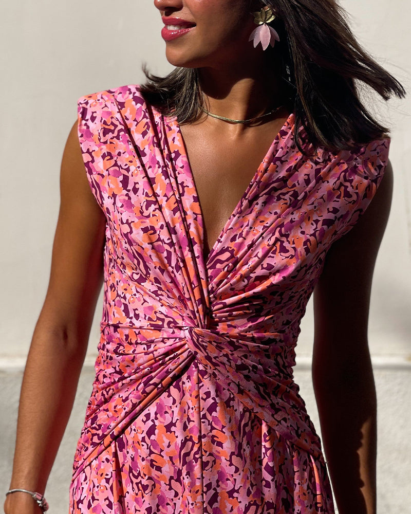 V-Neck Twist Knot Slit Print Dress