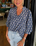 Three-Quarter Sleeve Printed Casual Blouse