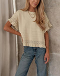 Round Neck Ruffled Hem Hollow Out Blouse