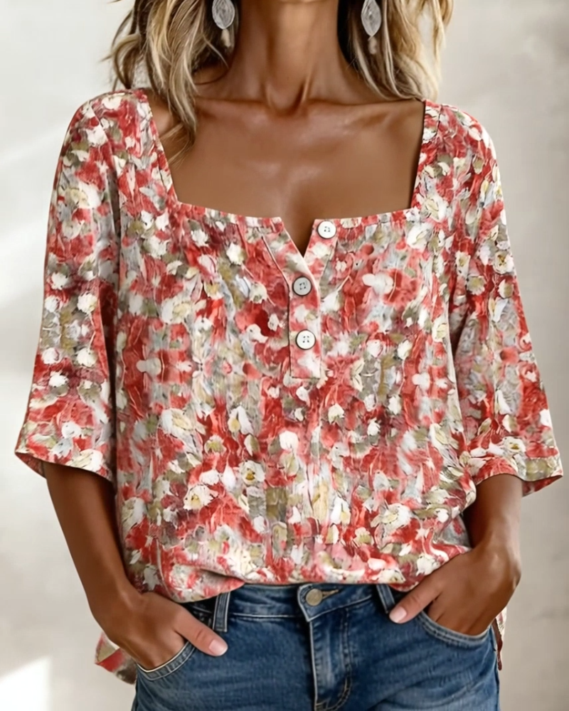 Floral Square Neck Half-Placket Three-Quarter Sleeve Blouse