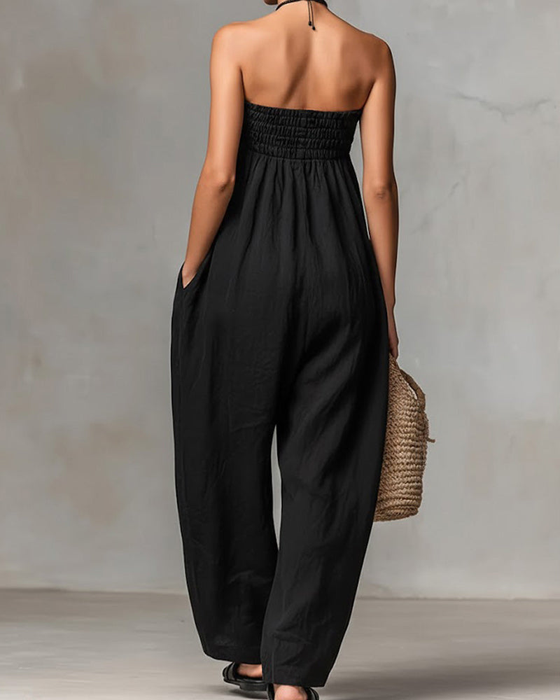 Strapless Solid Color Lace-Up Jumpsuit