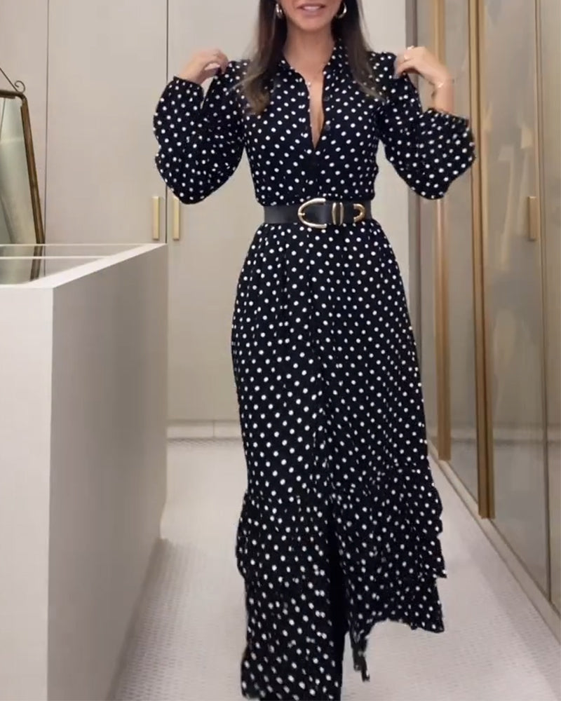 Fashionable polka dot button slit ruffle dress