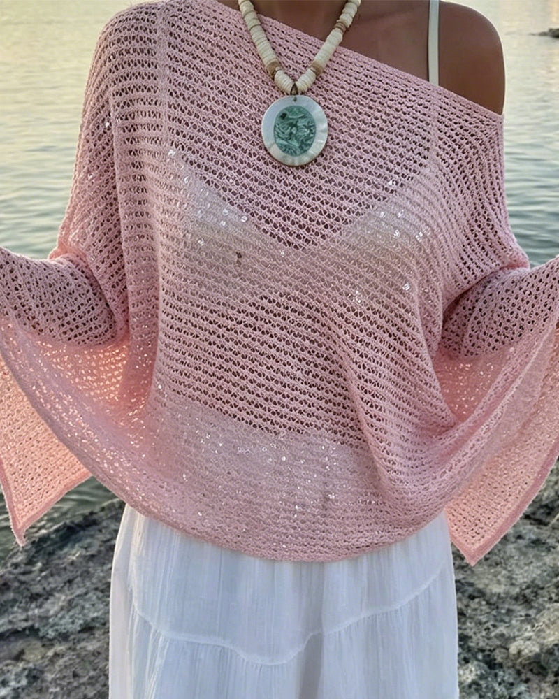 Solid Color Sequined Openwork Pullover