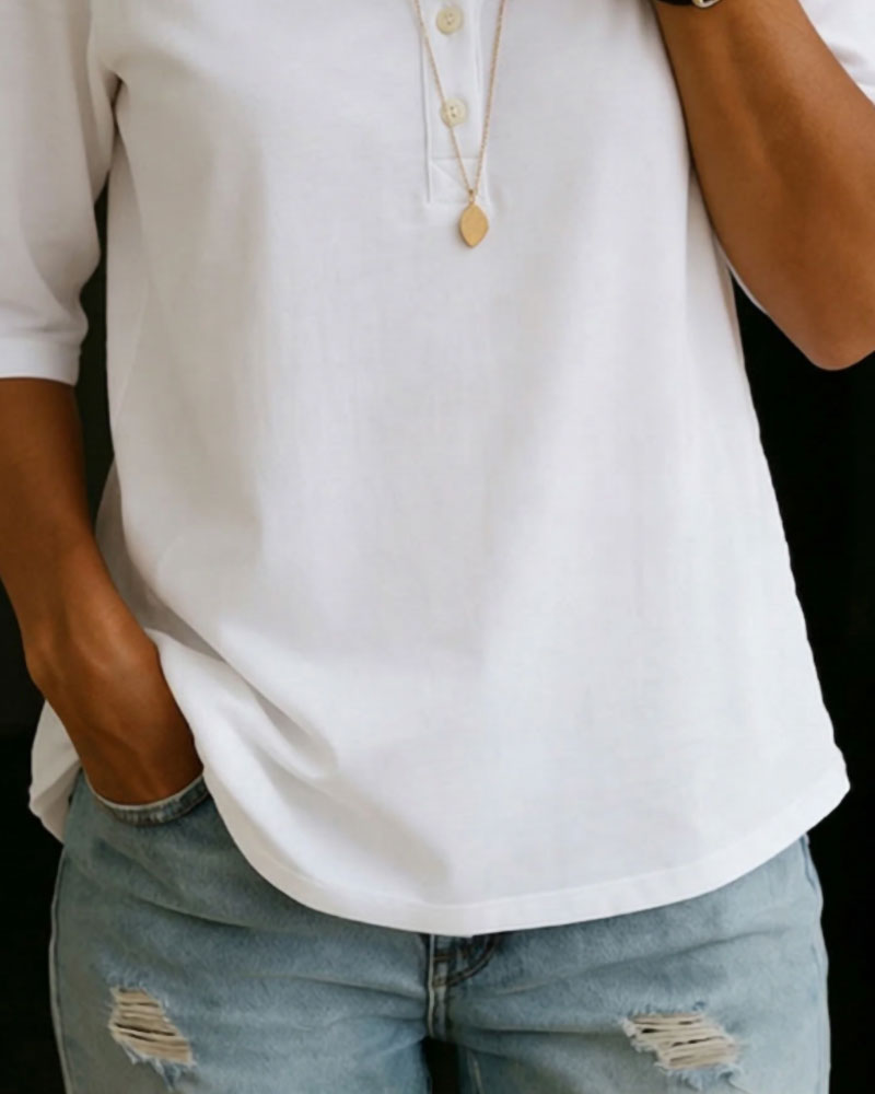 Button-Down Short-Sleeved Solid Color T-Shirt
