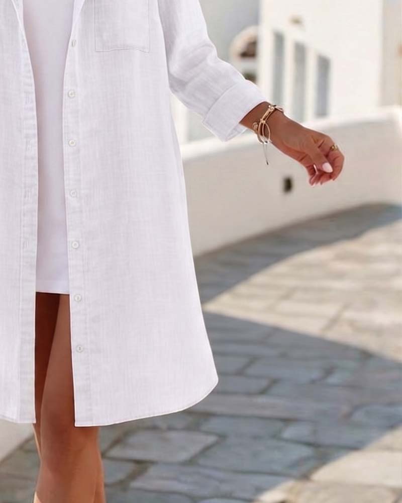 Lapel Button Long Shirt Dress