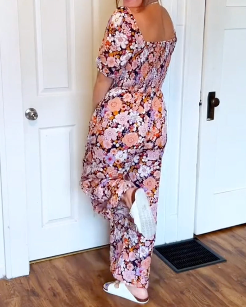 Square Neck Floral Shirred Jumpsuit