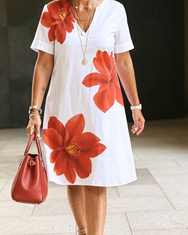 V-Neck Red Flower Print Dress