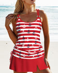 Striped print suspender swimsuit set