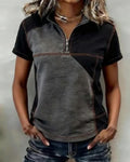 Half-Zip Color-Block Short-Sleeved Top