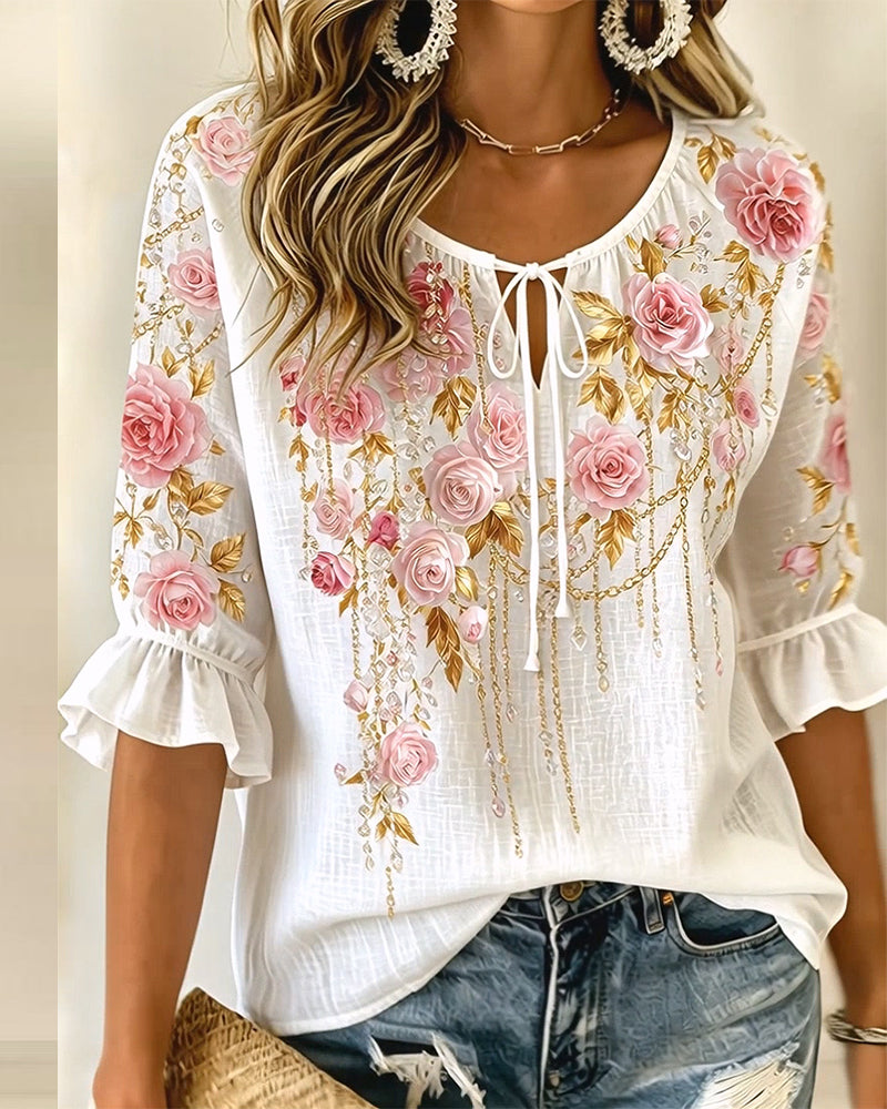 Rose Print Casual Tie-Up Blouse
