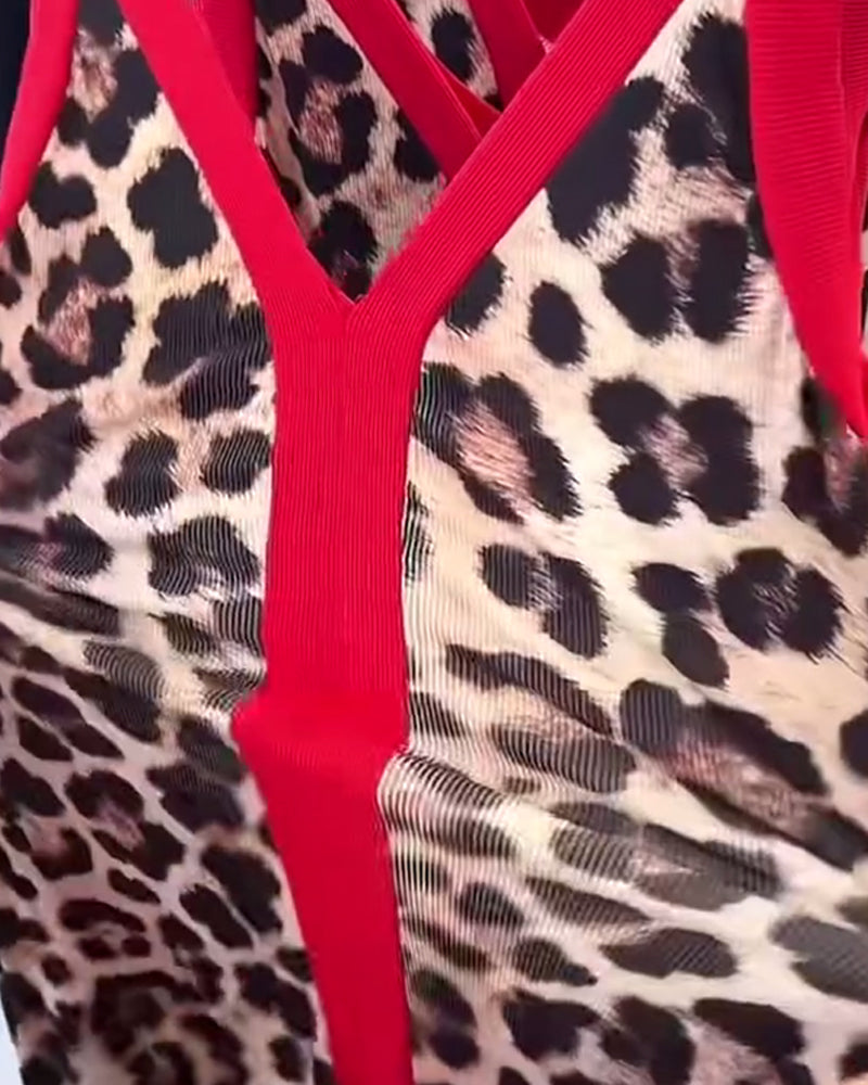 Sleeveless Elegant Leopard Print Contrast Dress