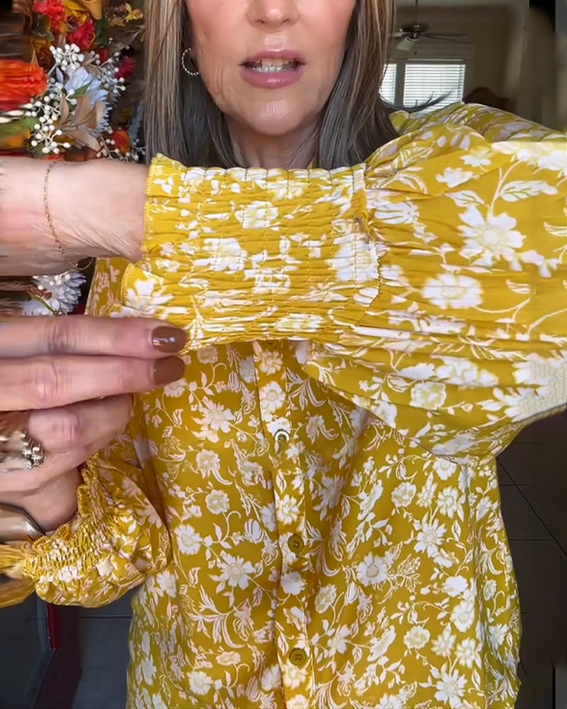 Retro Button and Floral Prints Blouse