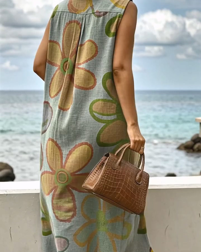Watercolor Print Long Sleeveless Shirt Dress